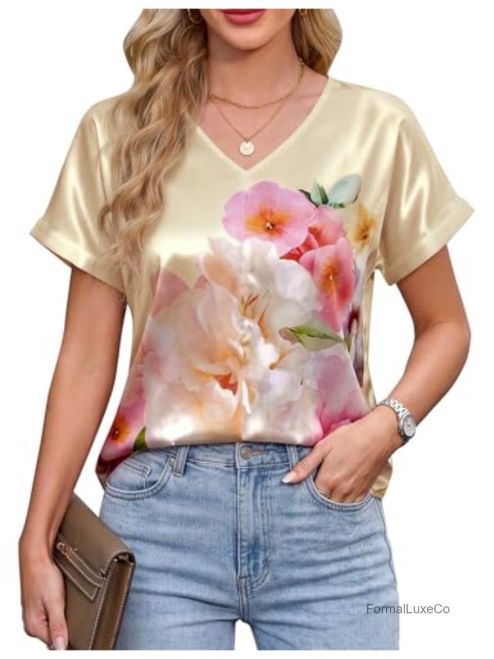 Silk Satin V-Neck Short Sleeve Blouse Floral